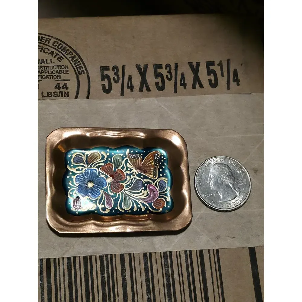 Vintage Mini Copper Enamel Tray Butterfly Floral Trinket Dish 2” Hand Painted